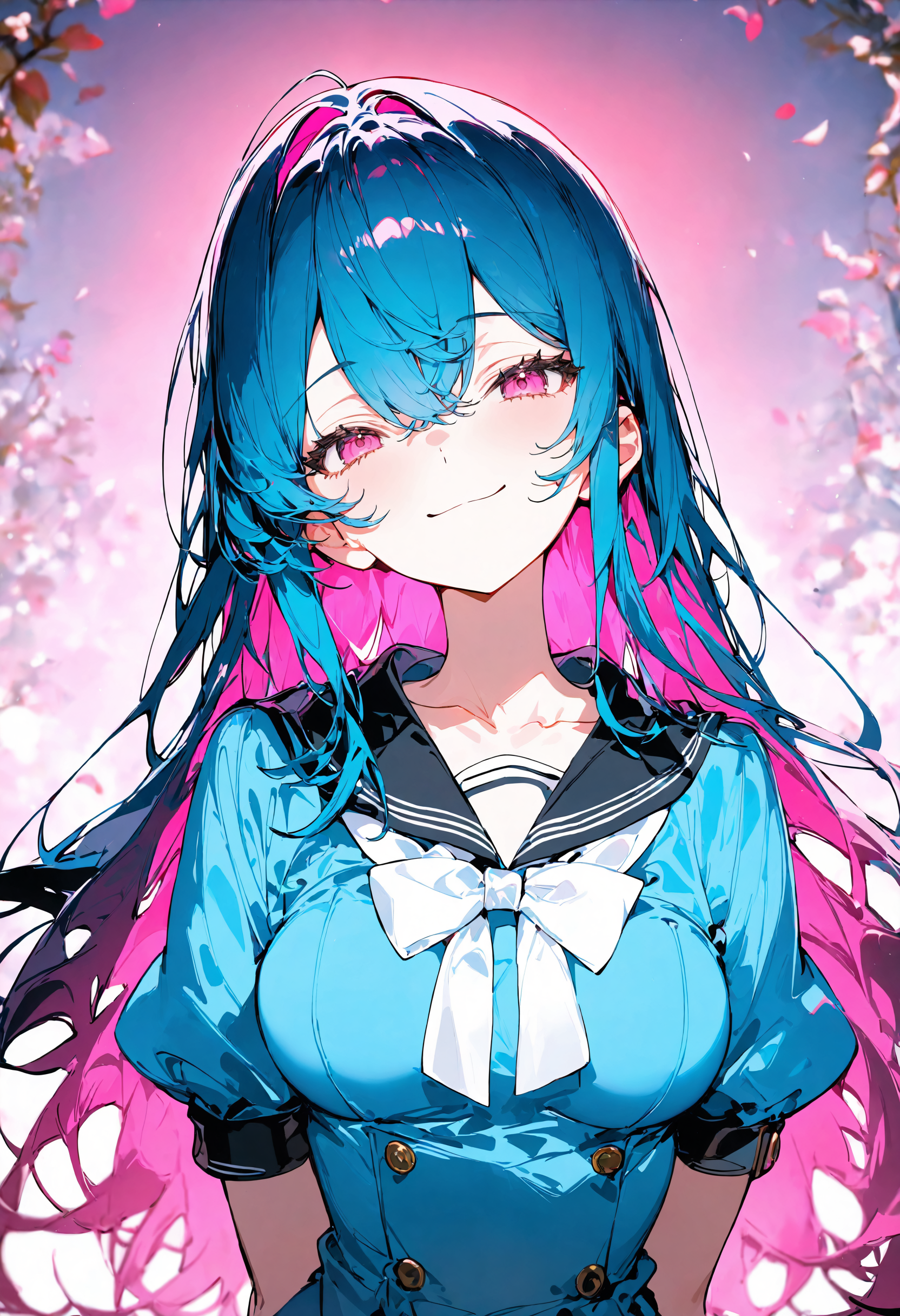 masterpiece, best quality, newest, absurdres, highres, very awa, anime screencap, film grain, limited palette, ambient occlusion, depth of field, intricate background, 1girl, solo, blue hair, smile, short sleeves, long hair, breasts, pink eyes, hair between eyes, looking at viewer, bow, multicolored hair, closed mouth, dress, arms behind back, medium breasts, white bow, upper body, pink hair, sailor collar, bowtie, blue dress, black sailor collar, puffy sleeves, puffy short sleeves, white bowtie, gradient hair, two-tone hair, collarbone, buttons