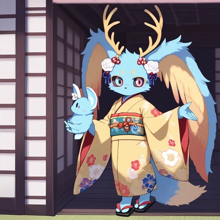 <lora:Elfilis:0.8> Fecto Elfilis, blue fur, multicolored eyes, head wings, antlers, yellow fur, colored sclera, fluffy tail <lora:0712 kimono_v1_pony:0.8> ruanyi0712,floral print,yellow kimono,obijime,sandals,tabi,wide sleeves
