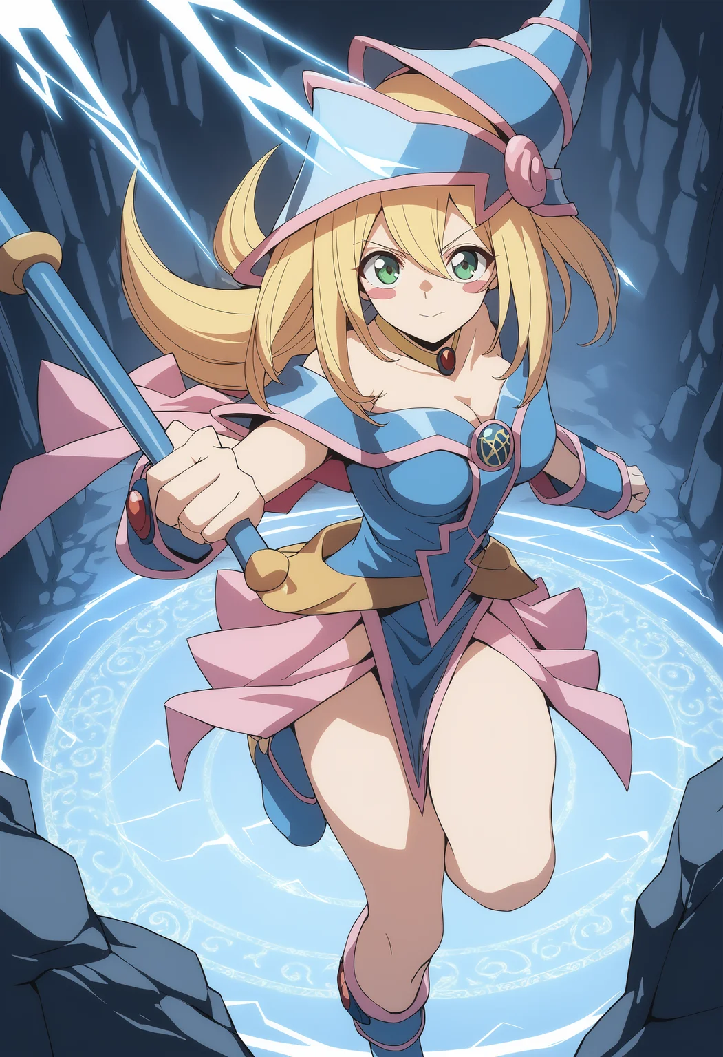 1girl, <lora:blamagiXLv1:0.8>,blamagi,blonde hair, green eyes, long hair, medium breasts,blush stickers,wizard hat,
wand,magic circle, electricity, lightning, energy,fighting stance,
from above, feet out of frame, looking at viewer, happy, cave, closed mouth,
masterpiece, best quality,
