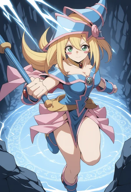 1girl, <lora:blamagiXLv1:0.8>,blamagi,blonde hair, green eyes, long hair, medium breasts,blush stickers,wizard hat,
wand,magic circle, electricity, lightning, energy,fighting stance,
from above, feet out of frame, looking at viewer, happy, cave, closed mouth,
masterpiece, best quality,