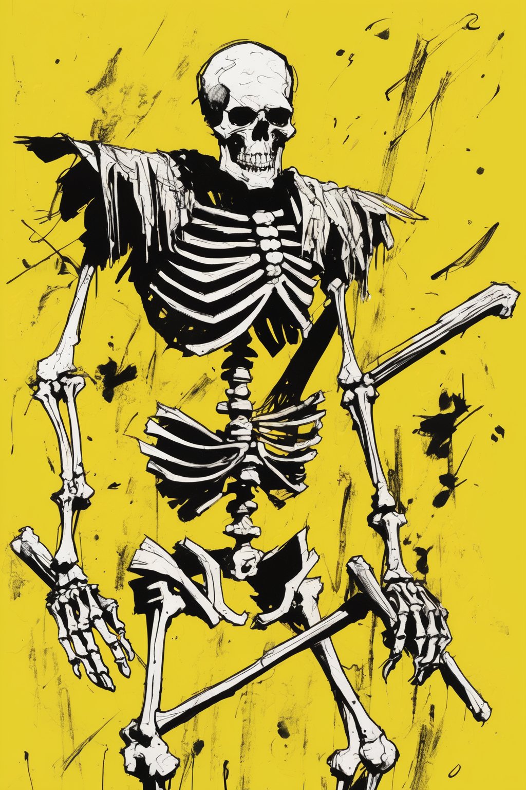 Jim Mahfood Style - a very messy scratch pen and ink sketch of a skeleton warrior on a yellow background