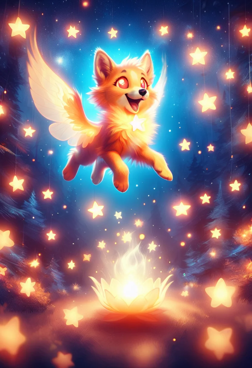 <lora:Dreamstar_Pony:1>,
Masterpiece, score_9, score_8_up, dreamstar, adorable puppy, fluffy fur, glowing star on chest, surrounded by floating stars, magical forest at night, glowing trees, fireflies in the background, misty atmosphere, puppy looking excited, playful mood, source_cartoon, vibrant lighting, glowing eyes