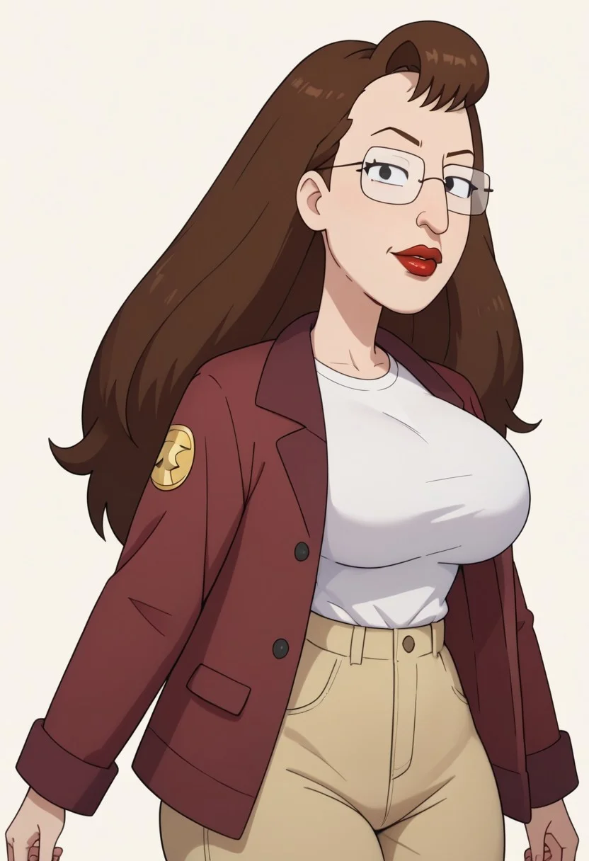 ((White background)),score_9, score_8_up, score_7_up,score_6_up,
Nancy_RaM, light skin, dark brown hair, long hair, red lips, square glasses, black eyes, long nose, white shirt, dark magenta jacket, beige pants, black shoes, huge breasts, smirk, narrow waist, huge hips,huge thighs, huge ass, in a white background, looking at viewer