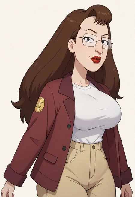 ((White background)),score_9, score_8_up, score_7_up,score_6_up,
Nancy_RaM, light skin, dark brown hair, long hair, red lips, square glasses, black eyes, long nose, white shirt, dark magenta jacket, beige pants, black shoes, huge breasts, smirk, narrow waist, huge hips,huge thighs, huge ass, in a white background, looking at viewer