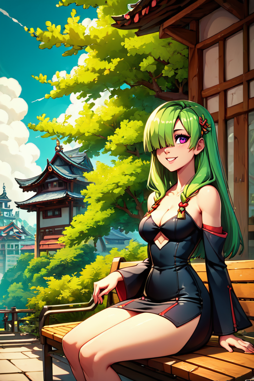 score_9, score_8_up, score_8, medium breasts, (curvy), cute, eyelashes,       ,,, , ,,, zzDoll, purple eyes, green hair, long hair, hair over one eye, bare shoulders, cleavage, detached sleeves, black dress, clothing cutout, <lora:DollTenchi_PDXL:1>,,,, BREAK, sitting on bench, side view, smile, looking at viewer, cowboy shot,  ,,, BREAK, pnkBldng, sky, day, cloud, tree, blue sky, building, architecture, east asian architecture,  ,,, BREAK, embedding:zPDXL, Expressiveh,  ,,, <lora:PinkBuildingsPDXL_v2:0.6>, <lora:SDXLFaeTastic2400:0.5>, <lora:Expressive_H-000001:0.4>