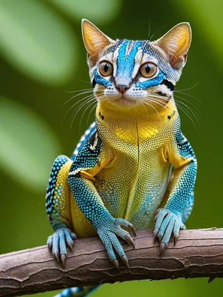 hybrid of a lizard and cat,it has (human eyes:1.9) and (human hands:1.4) while having lizard scales on skin,sitting on a branch,
