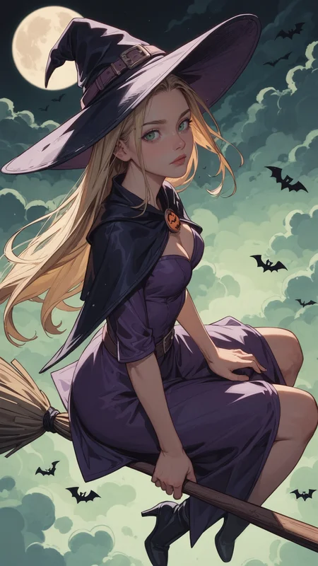 score_9, score_8_up, score_7_up, BREAK, eye view, from above, side view, 1 women, blonde, 22 years old, long straight hair, witch, purple costume, (sits on a floating broom:1.4), sky, black background, giant moon, halloween, mysterious, green fog, Detailed, intimate, clear, personal, highly contrasted, excellent composition, advanced cinematic perfect light, highly color focused, very cheeky, dynamic, face focus, looking to viewer