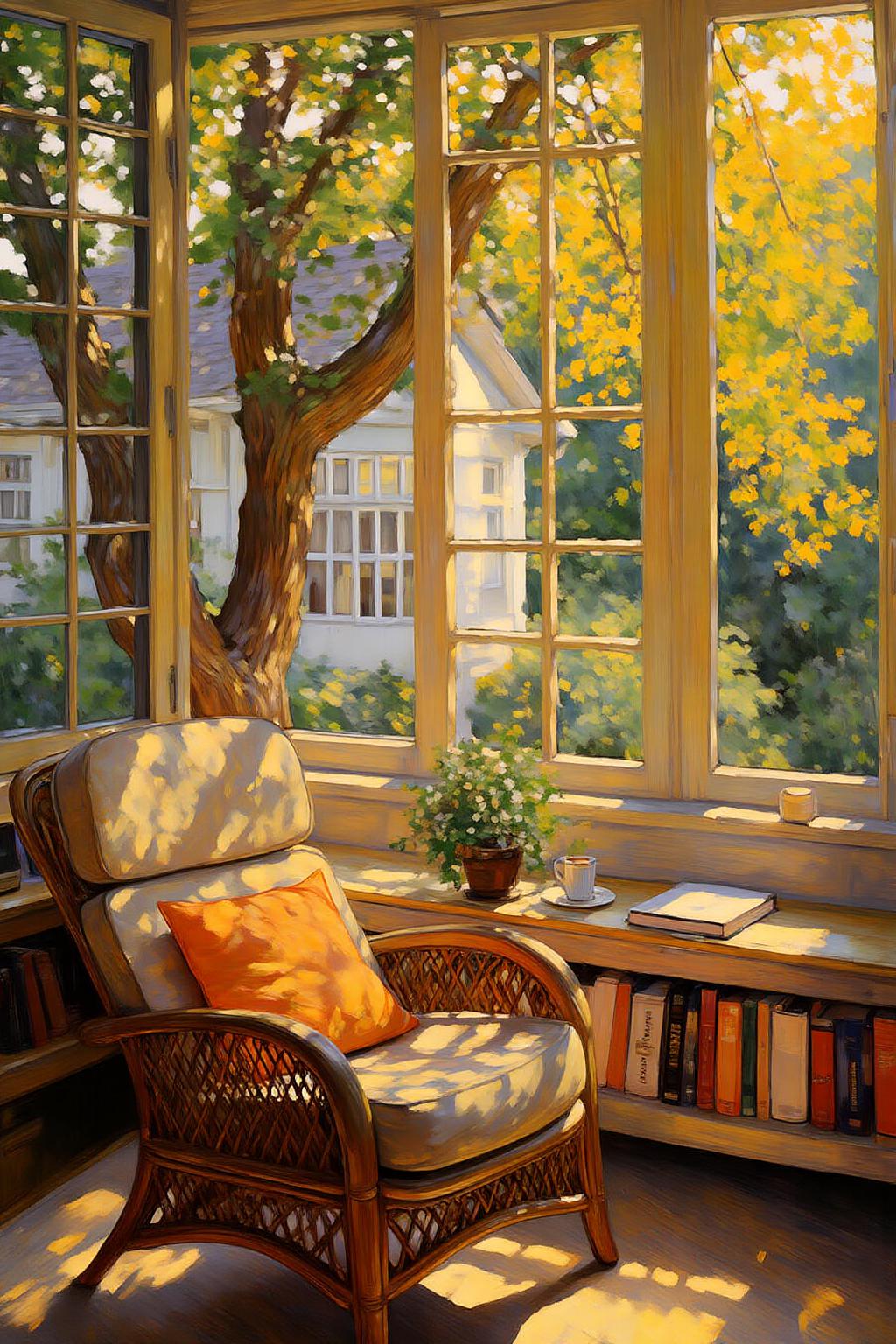 kaoruyamada1 painting.
A cozy reading nook with a large window that offers an autumn view of trees with green and yellow leaves, and a white house in the background. The room is bathed in warm autumn sunlight. On the left is a wicker chair with a cushion and an orange pillow. A bookshelf filled with various books and other items is positioned under the window. A small potted plant and a cup are on top of the bookshelf. <lora:kaoruyamada1_f16e9:1.0><lora:868871979812290659:0>