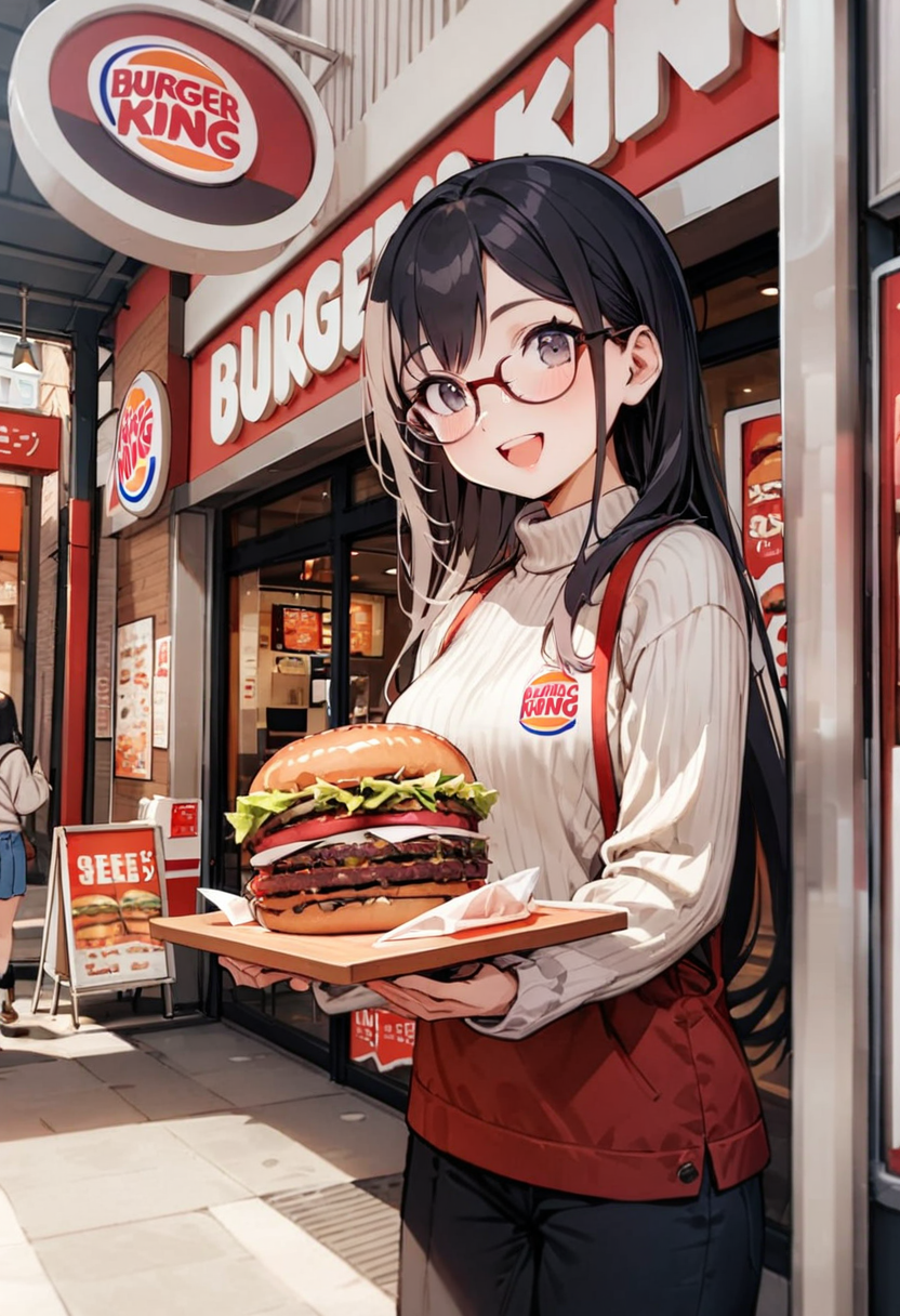 masterpiece, best quality, very aesthetic, absurdres, 
1girl, solo, glasses, black hair, long hair, white ribbed sweater, happy, smile, looking at viewer, open mouth, solo focus,
burgerking, scenery, storefront, food, shop, burger, outdoors, sign, road, street, building,
 <lora:burgerking_SDXL_V1:0.8>