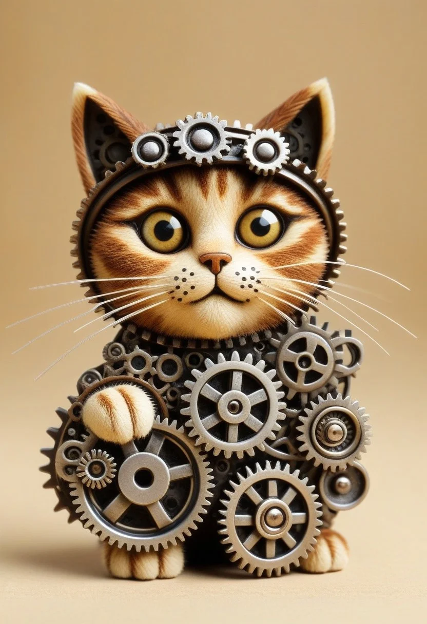Cute Cat Witty Wonders: Add a touch of humor or whimsy. After all, what’s a gearhead challenge without some sprocket jokes? (made out of gears), beautiful and intricate, (funny theme)