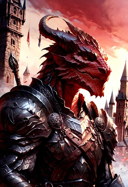 score_9, score_8_up, 8, score_7_up, score_6_up, solo, massive dragonborn with strong armor, red scale dragonborn, in the cathedral , dutch angle, scale mail armor, 40 year old, FFAOR, dungeons and dragons,