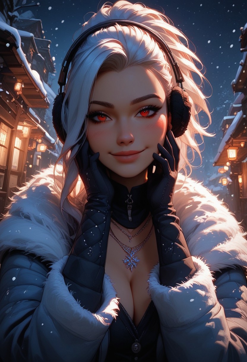 score_9, score_8_up, score_7_up, score_6_up, 1girl, breasts, slight cleavage, necklace, sexy face, ponytail hairstyle, winter coat, earmuffs, gloves, winter boots, white hair, long hair, red eyes, shy smile, blushing, beautiful lights, flirtatious, looking at viewer, seductive, Outside, snowing, snowflakes falling, 
View from the front, face focus, closeup, close up,