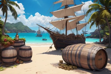 (illustration:1.2), (beautiful caribbean beach pirate landscape), fantasy, sharp focus, (ultradetailed), (ship galleon:1.2), pirate (village), leafy beach coast, (treasure chest with coins, gems and jewels, rum barrel, best quality masterpiece, bright sunny sky, backlight, natural lights, high contrast, hdr, shadows, pretty, beautiful, (PirateDiffusionprt:0.5), <lora:Pirate:0.3> PrateT <lora:PirateRealms:0.3> <lora:Detail Tweaker LoRA add_detail:0.7> <lora:depth_of_field_slider_v1:5> <lora:SDXLrender_v2.0:0.8>