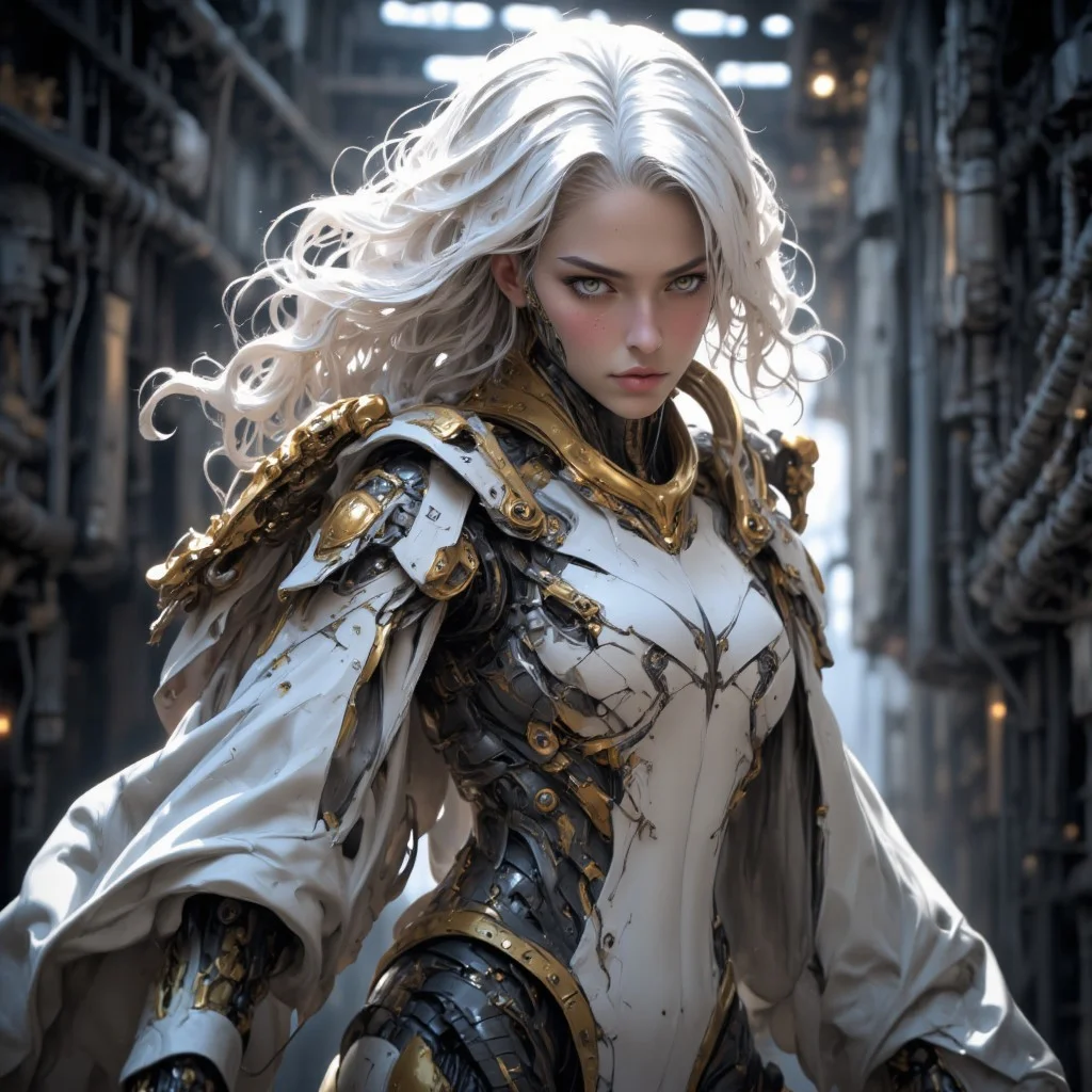Inside a space station, where a futuristic woman, with white hair and extremely detailed golden eyes, strides with purpose. Face and neckline reveals a white and gold power armor multilayered tactical cybernetic armor, intricately designed, The armor's high neckline and long sleeves complement her loose, wavy hair cascading down her back. serious expression, her gaze focused and determined. light reflects off her armor
