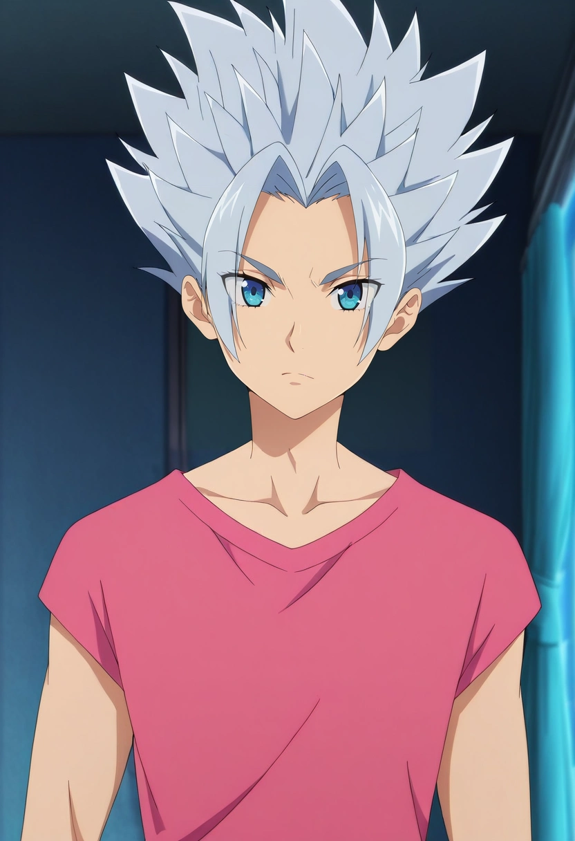 masterpiece, best quality, , anime screencap, , official style, looking at viewer, 1boy, solo, male focus, <lora:arden_nnt_ilxl:0.9>, arden_nnt, grey hair, blue eyes, short hair, spiked hair, , ,
