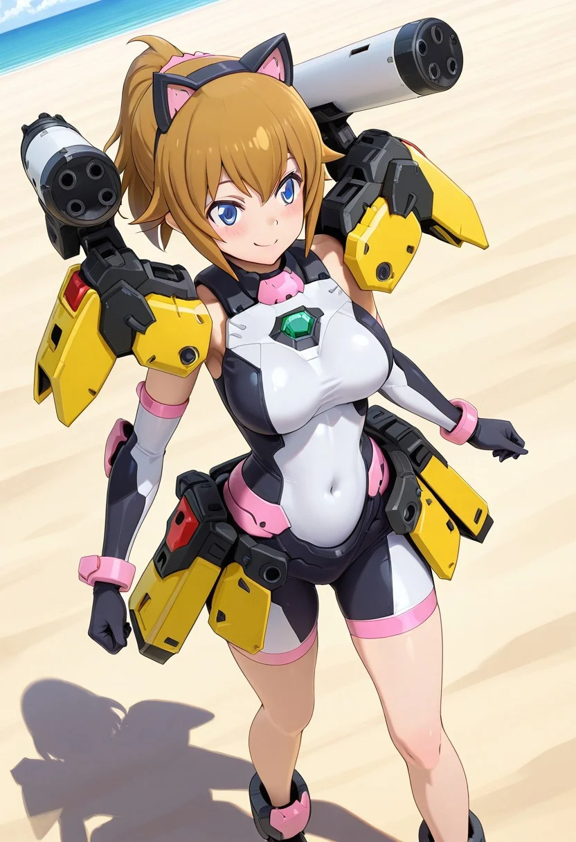 masterpiece,anime_coloring,anime_clothing,best_quality,avatar_fumina,solo, blue eyes, brown hair, short hair, hoshino fumina, medium breasts , cat ears, elbow gloves, bodysuit, covered navel, armor, bike shorts, skin tight,yellow shoulder armor, yellow waist armor, weapon,shoulder cannon,thruster,energy gun,blush face,smile,outdoor,dynamic angle,