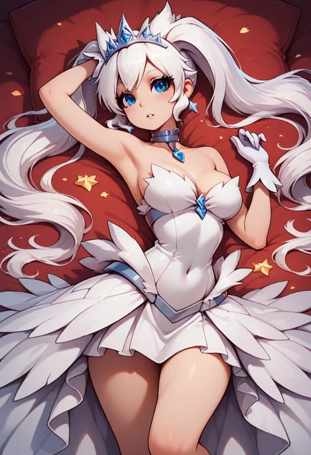 masterpiece, best quality, 1girl, solo, eyelashes, medium breasts, narrow waist,    zzIvoryPrincess, blue eyes, long hair, white hair, twintails,  tiara, white dress, white gloves, strapless dress,   <lora:IvoryPrincess_IXL:1.0>,laying on side, one arm supporting head, relaxed, looking at viewer,