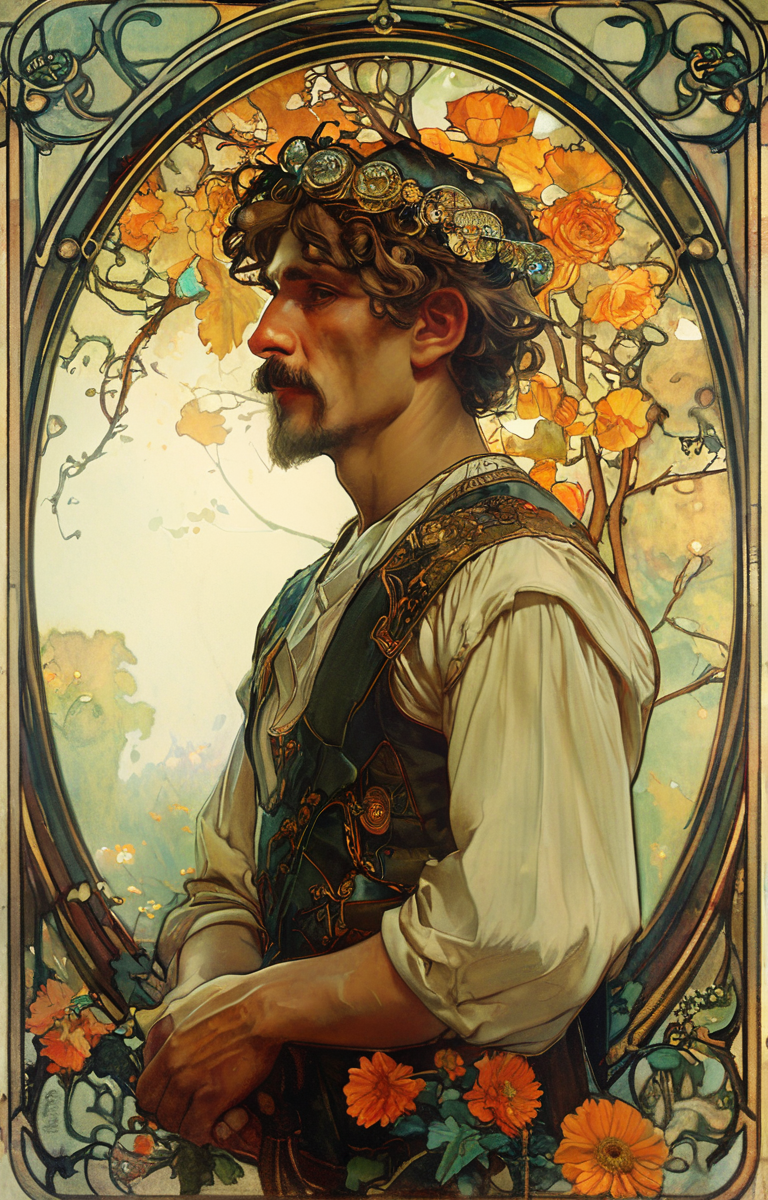 masterpiece,best quality,<lora:tbh200-sdxl:0.9>,illustration,style of style of Alphonse Mucha portrait of noble man