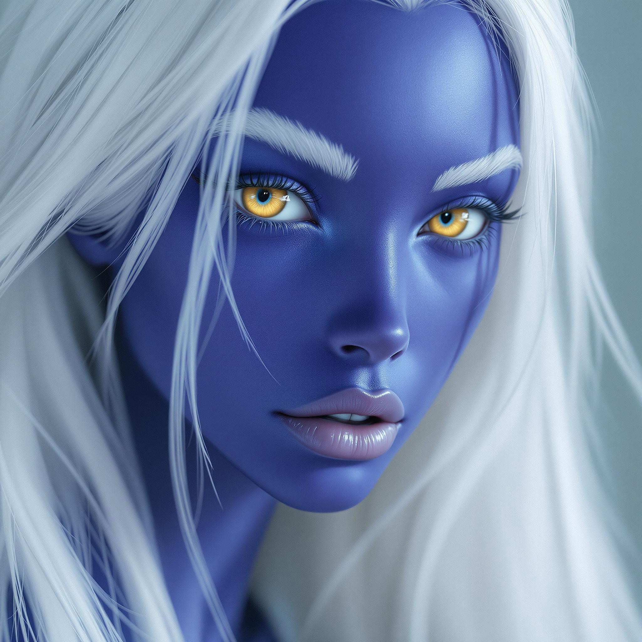 (portrait:1.3) of (Lyra:1.3), a striking (cobalt-colored skin:1.3) woman, Her long, flowing white hair cascades down her back, contrasting beautifully with her (cobalt-colored skin:1.3). Her most captivating feature is her (yellow eyes:1.3) that seem to hold ancient wisdom and otherworldly energy. She has delicate pink lips and thin, elegantly arched (white eyebrows:1.3) that accentuate her alien beauty.  The lighting is soft and diffused, highlighting the textures of her skin, hair, creating a photorealistic and ethereal portrait. (photorealistic:1.1), (highly detailed:1.1), (ethereal:1.2). Lyra:1.3) is looking at the camera