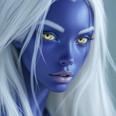 (portrait:1.3) of (Lyra:1.3), a striking (cobalt-colored skin:1.3) woman, Her long, flowing white hair cascades down her back, contrasting beautifully with her (cobalt-colored skin:1.3). Her most captivating feature is her (yellow eyes:1.3) that seem to hold ancient wisdom and otherworldly energy. She has delicate pink lips and thin, elegantly arched (white eyebrows:1.3) that accentuate her alien beauty. The lighting is soft and diffused, highlighting the textures of her skin, hair, creating a photorealistic and ethereal portrait. (photorealistic:1.1), (highly detailed:1.1), (ethereal:1.2). Lyra:1.3) is looking at the camera