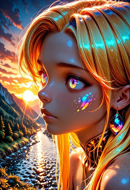 SmoothNoob_Quality, close-up, perfect eyes, goddess, nature, (sunset), river, floating palace, beautiful and delicate water, (bloom), (shine), colorful, dynamic vivid colors, panorama, landscape, Colorful portraits, dynamic lighting, Natural atmospheric lighting, elegant,