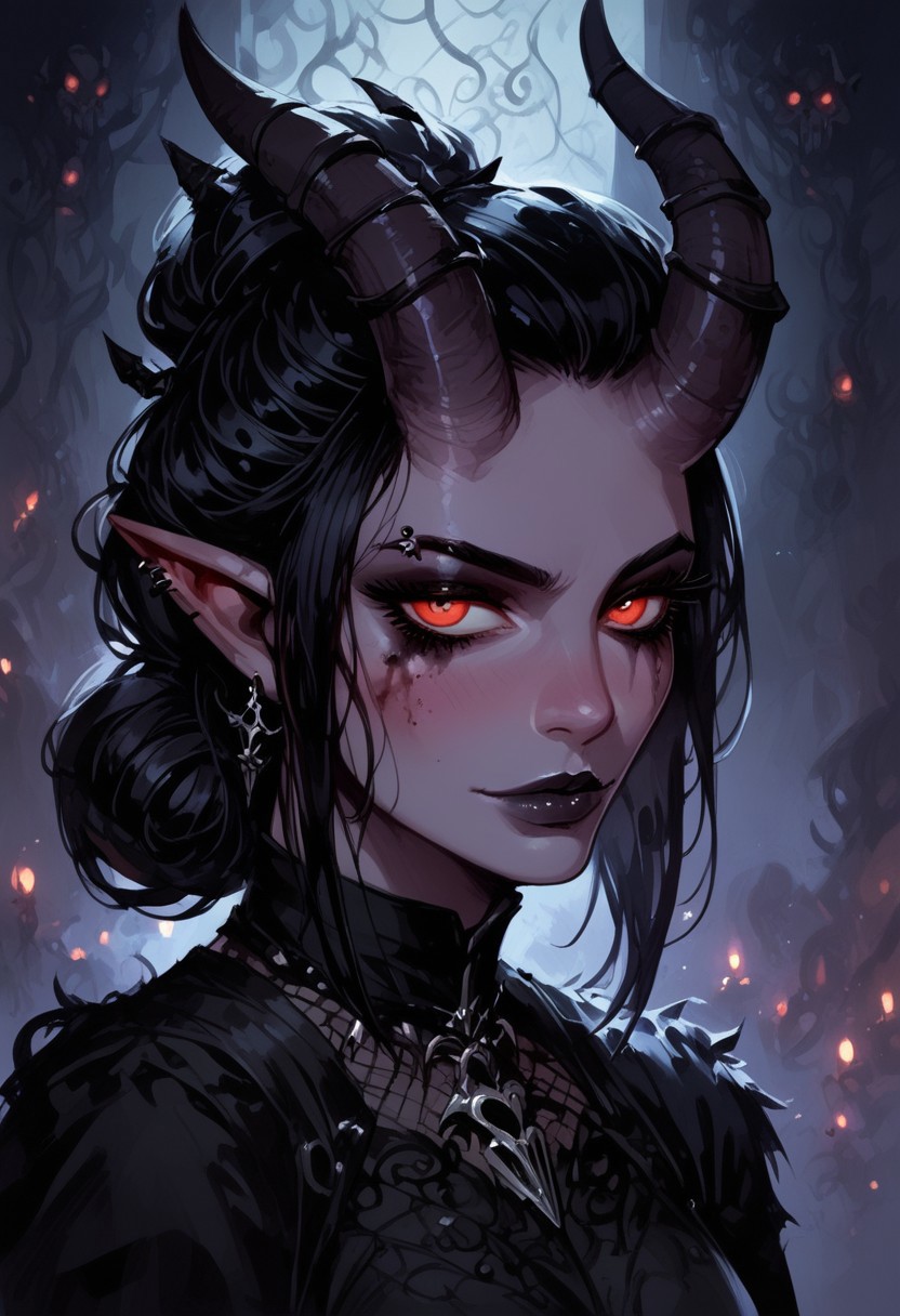 score_9, score_8_up, score_7_up, BREAK, 1woman portrait, beautiful, dramatic lights ((Succubus, Demon Girl, Succub, horns, seductive, seductive look, goth, goth girl, goth makeup))
<lora:Fant5yP0ny:0.6> <lora:fantasy_world_pony:0.9>
<lora:Cherry-Gig:0.55>