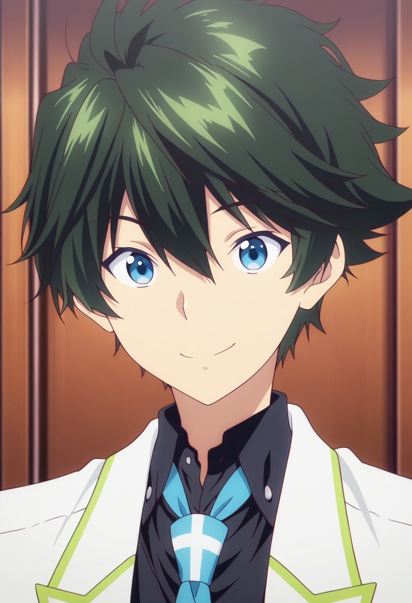 masterpiece,best quality,amazing quality, source_anime, 
HaruhikoIchijo, 1boy, male focus, solo, blue eyes, green hair, school uniform, shirt, black shirt, collared shirt, necktie, blue necktie, jacket, blazer, white jacket, open jacket, smile, portrait,