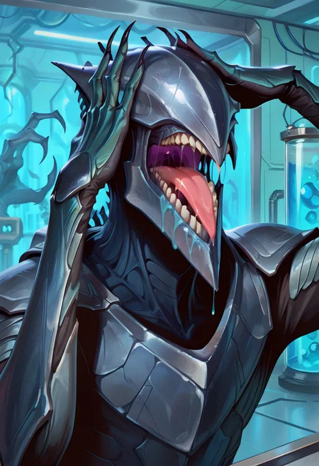 masterpiece, best quality, amazing quality, 1boy, male focus, JinGitaxiasMTG, phyrexian, armored skin:1.2, eyeless, solo, monster, open mouth, drool, teeth, claws, laboratory, upper body, AhEtoBlehMeme, closed eyes, tongue out, :p, hands on own head, close-up