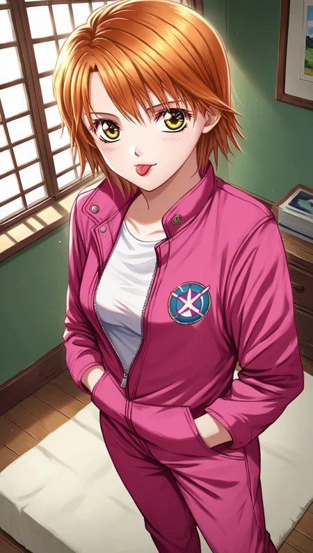 zPDXL2, rating_safe, source_anime, 4k quality, detailed background, detailed eyes, anime style, dutch_angle, indoors, living room, from above, hands in pockets, frown, tongue out, looking at viewer, cowboy shot, standing, <lora:mogami-kyoko-xl-04:1>, mogami kyoko, yellow eyes, medium breasts, pink jumpsuit, unzipped jumpsuit,