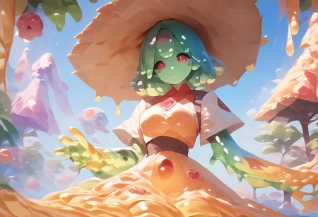 score_9, score_8_up, score_9_up, score_7_up, high quality, masterpiece, highly detailed, solo, (((colorful slime women))), medium breasts, exotic dress, Slime core, cute pose, happy expression, fruit trees, straw hat, viewed from a distance, colorful fruit