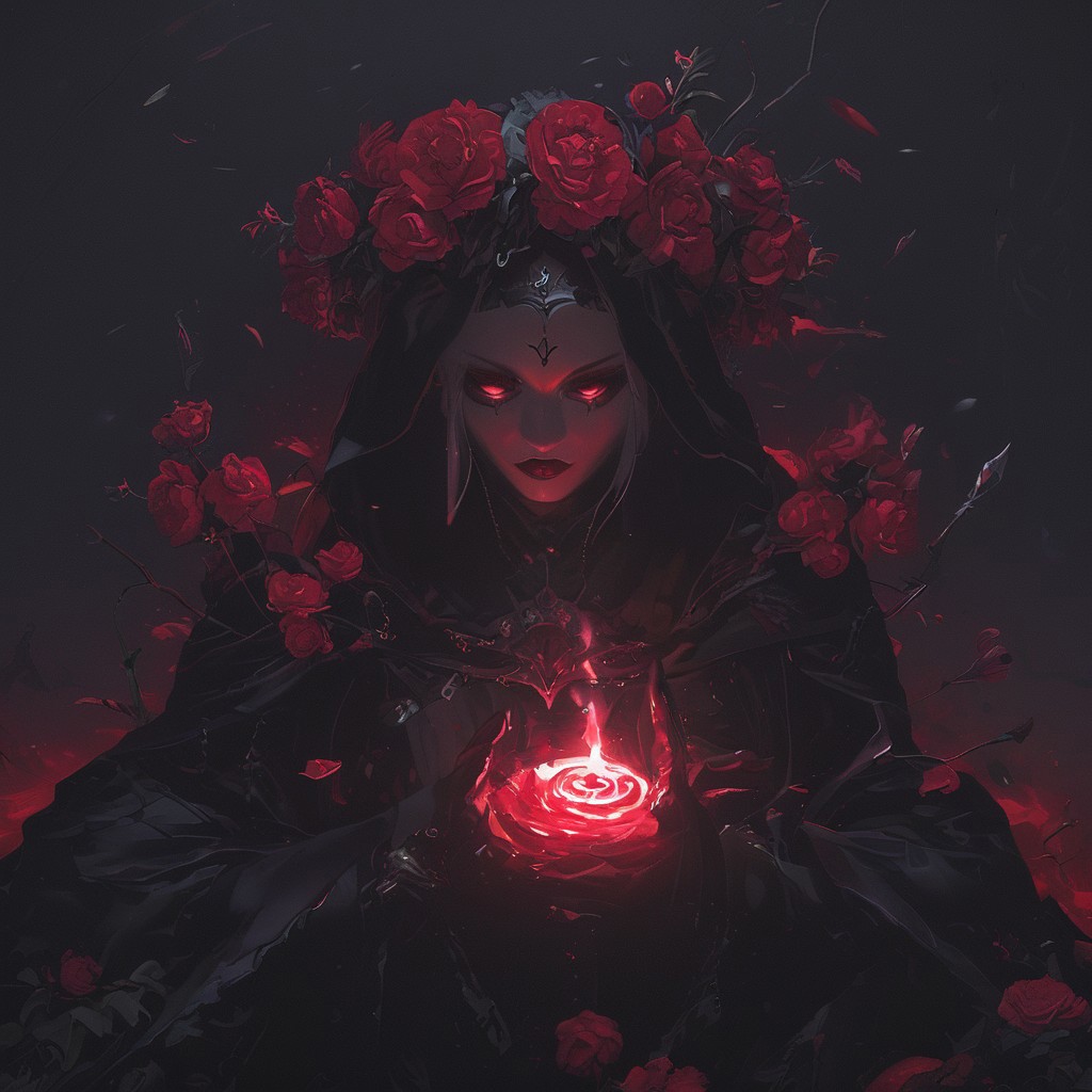 A cinematic shot of a evil demon witch casting magic, wearing black magical robe, casting red magic spells, surrounded by roses, dark atmosphere, hkhorror, hkmagic, masterpiece, best quality, highly detailed, sharp focus, dynamic lighting