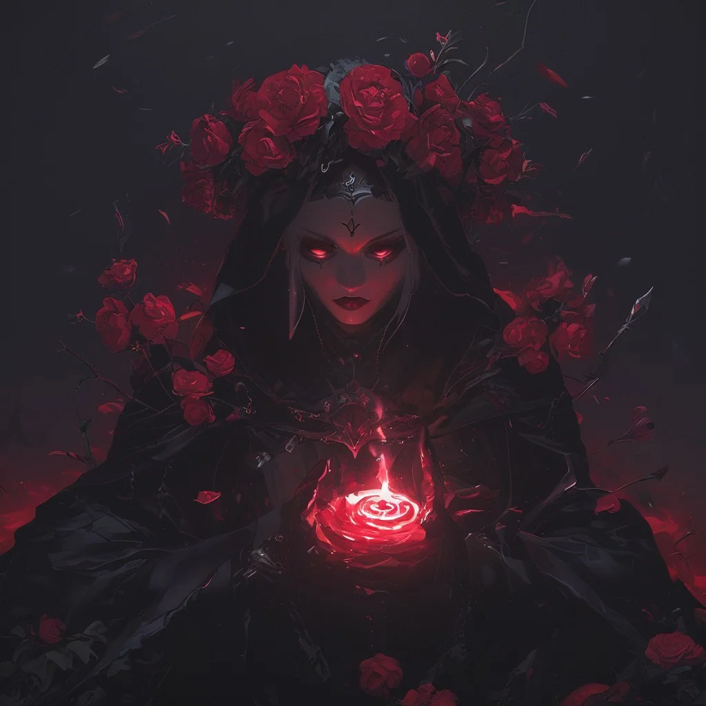A cinematic shot of a evil demon witch casting magic, wearing black magical robe, casting red magic spells, surrounded by roses, dark atmosphere, hkhorror, hkmagic, masterpiece, best quality, highly detailed, sharp focus, dynamic lighting