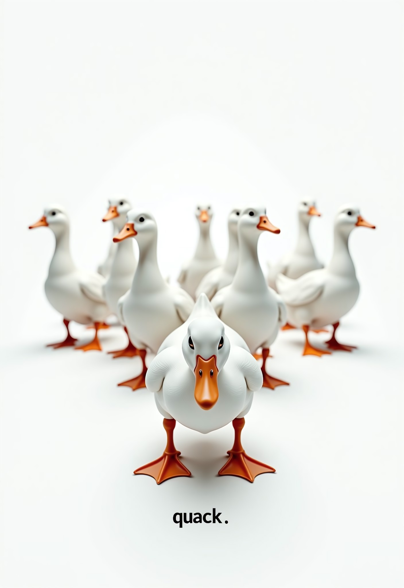 aidmaimageupgrader, a high quality digital image of an entirely white area, the whole image is bright vivid white apart from a group of menacing evil white ducks who are stood in a loose triangle formation, the ducks are facing in various directions but are all looking directly at the viewer and the front duck is facing directly at the viewer, the text "quack." is written in speech marks in small bold black text at the bottom of the image