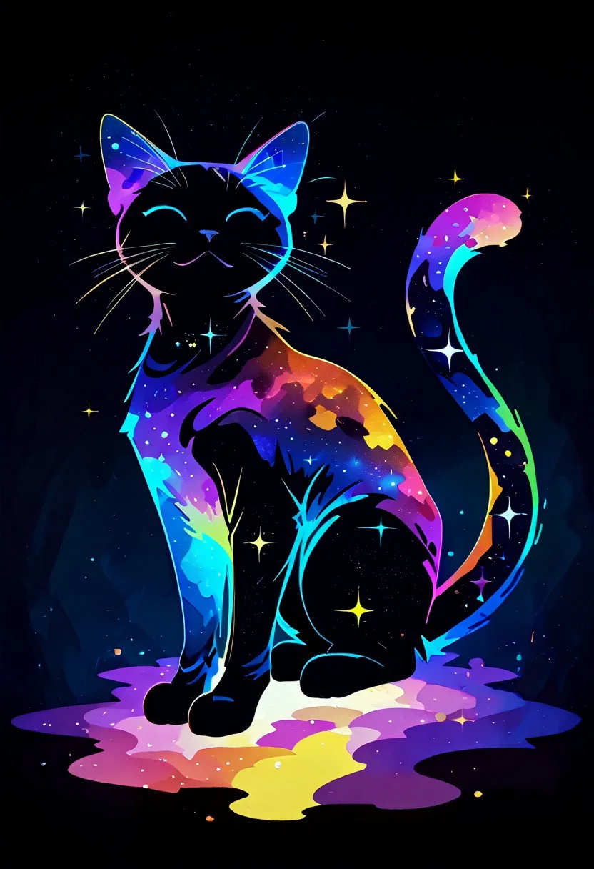 masterpiece, best quality, simple illustration, 1cat, silhouette, full body, solo, dark background, sparkles, vivid colors,  tail ,happy, no_outlines,no lineart, t4kar4i_illu, inner_galaxy, galaxy on silhouette,