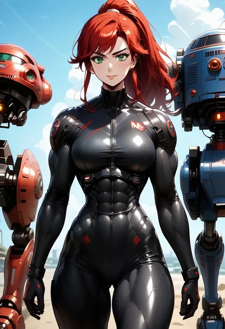 score_9, score_8_up, score_7_up, beautiful color,
aesthetic, 2d, anime coloring, anime screencap, source_anime,
muscular female, curvy, large breasts, large pectorals, wipe hips, thick thighs, muscular thighs, abs, huge ass,
red hair, long hair, high ponytail, swept bangs, green eyes, seductive smile, (black bodysuit:1.5), (mech pilot bodysuit:1.6), (seamless bodysuit:1.2),