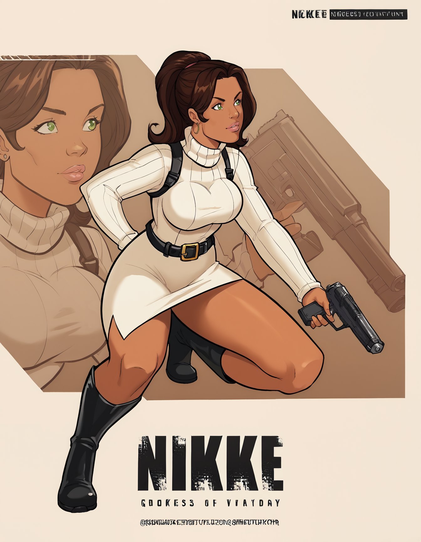 score_9, score_8_up, score_7_up, score_6_up, bbp-dh BREAK, IncrsNikkeProfile, full body, zoom layer, on one knee, holding gun, 1girl, dark-skinned female, lips, solo, green eyes, brown hair, ponytail, earrings, breasts, white turtleneck dress, belt,black theigh boots <lora:Artist_Style_-_Bad_Boy_Pool_JAB_PDXL:0.8> <lora:add-detail-xl:0.3> <lora:NikkeProfileV2_XLPD:0.8> <lora:LanaKanePony1.0:0.7>