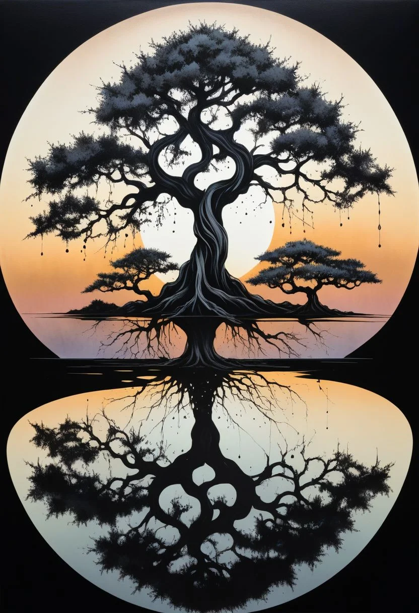 ink illustration, ink stains, ink splatters, ink runs, ink spots, faded ink, dramatic bonsai tree, plant on black reflective surface, sunrise, detailed, amazing natural lighting, earthy pastel colors, weeping for the lost children, symmetrical fractal pattern, linquivera