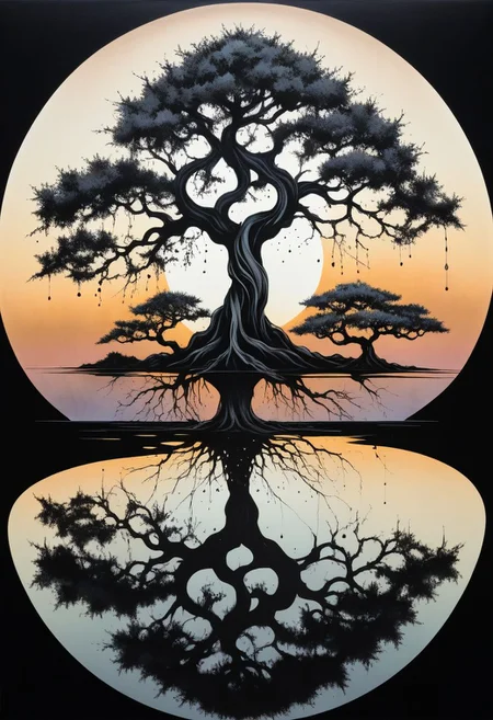 ink illustration, ink stains, ink splatters, ink runs, ink spots, faded ink, dramatic bonsai tree, plant on black reflective surface, sunrise, detailed, amazing natural lighting, earthy pastel colors, weeping for the lost children, symmetrical fractal pattern, linquivera