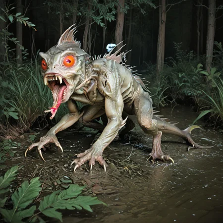 Score_7_up, score_8_up, full view, ((amatrflsh)), flash photo, amateur, hard light, hard shadow,
BREAK,
Chupacabra, Monster, quills on back, yelling, sharp teeth, long tongue,(marine:1.2), big red eyes, narrow pupils, claws, outdoors, forest, nighttime,