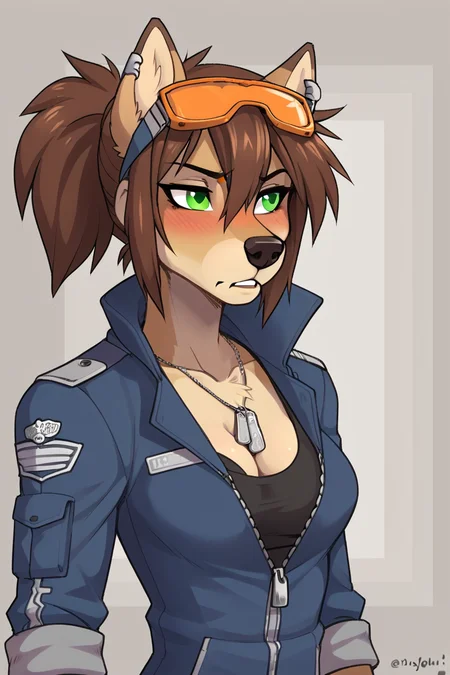 score_9, score_8_up,
source_furry,
<lora:Wendy_Wolfy-Nail:0.8> w3ndywn, 1girl, female wolf, hair between eyes, spiked hair, green eyes, orange (goggles), animal ears, wolf ears, fingerless gloves, brown hair, blush, black nose, ponytail,
blue jacket outfit,
blush, lust, alluring,
skinny,
medium breast,
cleavage, sport bra, fitness bra,
military dog tags,