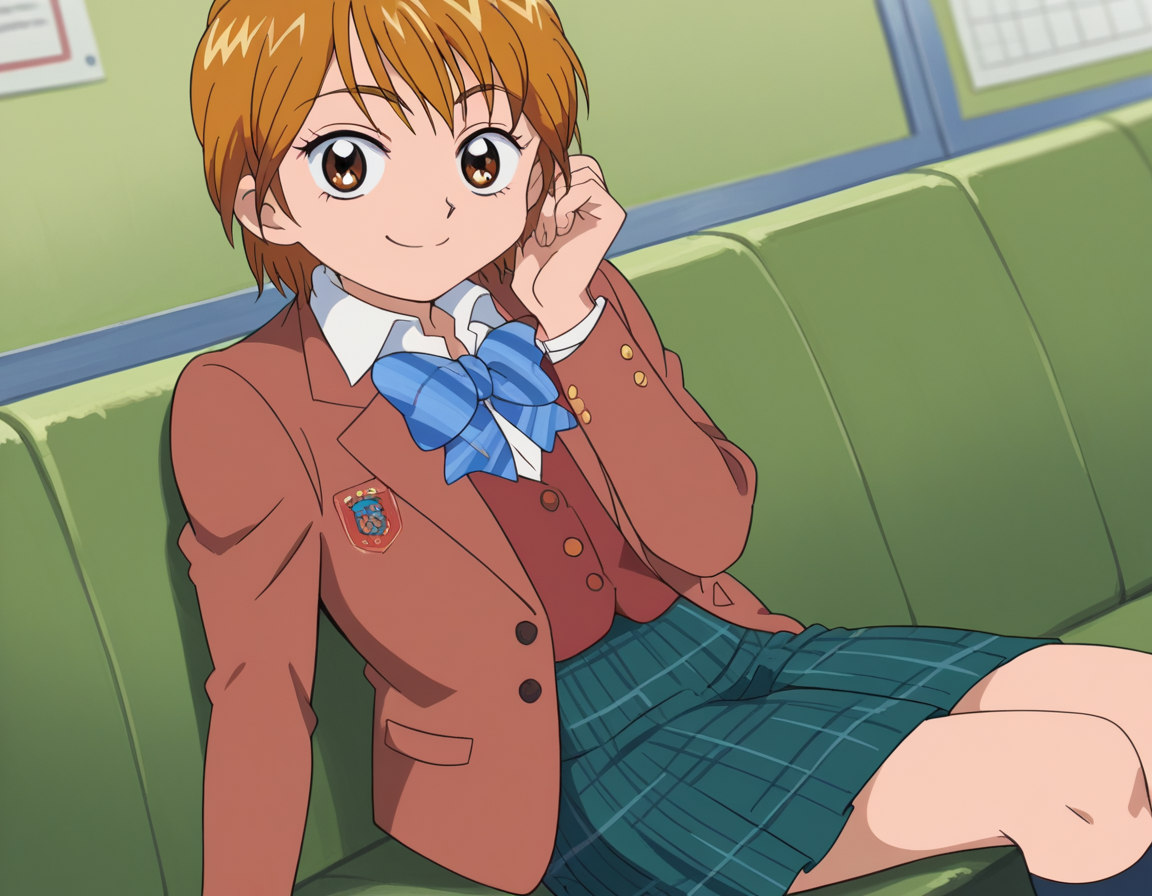 score_9, score_8_up, score_7_up, source_anime, <lora:nagisa-misumi-anime-ponyxl-lora-nochekaiser:1>, nagisa misumi, short hair, brown hair, brown eyes,, skirt, bow, school uniform, jacket, bowtie, blue bow, blazer, brown jacket, plaid, plaid skirt, green skirt, red blazer,, indoors, smile, looking at viewer, solo, sitting, head rest,, cowboy shot, dutch angle