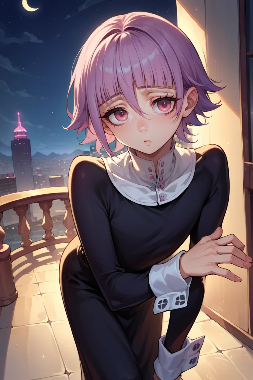 score_9, score_8_up, score_7_up, score_6_up, source_anime, 1girl, solo, <lora:crona-pdxl-nvwls-v1-000005:1> crona, purple hair, short hair, pink eyes, white collar, black dress, long sleeves, long dress, wrist cuffs, night sky, looking at you, city, leaning forward