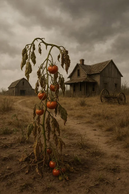 Deserted farm, tomato plant wilting