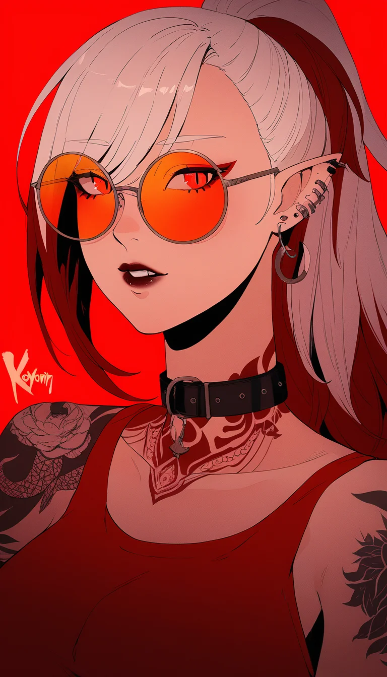 1girl, style:koyorin, solo, pointy ears, earrings, jewelry, red background, piercing, tattoo, slit pupils, red eyes, sunglasses, black nails, looking at viewer, collar, red theme, ear piercing, tinted eyewear, looking over eyewear, lip piercing, parted lips, round eyewear, ponytail, simple background, white hair, red hair, choker, glasses, arm tattoo, heart, multicolored hair, portrait, nail polish, orange-tinted eyewear, <lora:Style - Koyorin - v1 - Bionagato:1>
