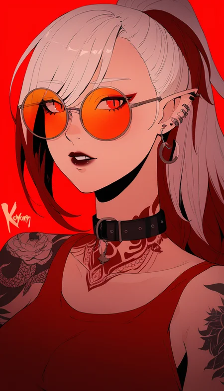 1girl, style:koyorin, solo, pointy ears, earrings, jewelry, red background, piercing, tattoo, slit pupils, red eyes, sunglasses, black nails, looking at viewer, collar, red theme, ear piercing, tinted eyewear, looking over eyewear, lip piercing, parted lips, round eyewear, ponytail, simple background, white hair, red hair, choker, glasses, arm tattoo, heart, multicolored hair, portrait, nail polish, orange-tinted eyewear, <lora:Style - Koyorin - v1 - Bionagato:1>