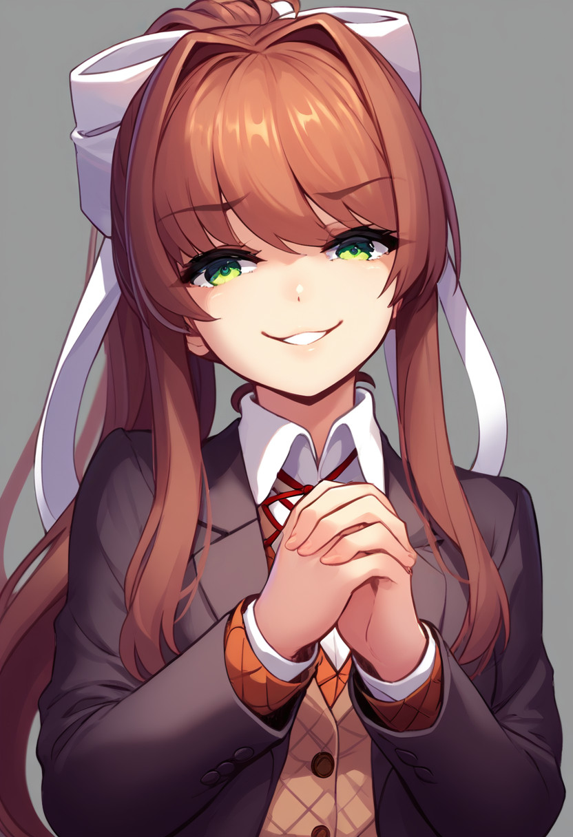 1girl,monika \(doki doki literature club\),solo,long hair,looking at viewer,smile,parted lips,squinting,smug,brown hair,bow,ribbon,school uniform,green eyes,jacket,hair ribbon,upper body,ponytail,hair bow,blazer,eyes visible through hair,own hands together,own hands clasped<lora:kazuponyv3:1> score_8_up,score_7_up,score_6_up,<lora:spo_sdxl_10ep_4k-data_lora_webui:0.7>