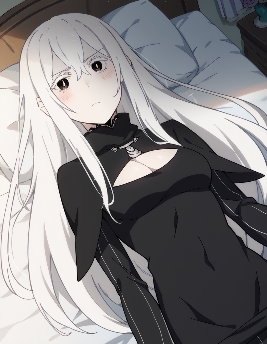 score_9, score_8_up, score_7_up, source_anime, <lora:rezero-echidna-s2-ponyxl-lora-nochekaiser:1>, echidna, colored eyelashes, white hair, hair between eyes, long hair, straight hair, black eyes, medium breasts,, <lora:open-chest-sweater-ponyxl-lora-nochekaiser:1>, open-chest sweater, ribbed sweater, cleavage cutout, meme attire, clothing cutout, turtleneck, sweater dress, cleavage, clothes tug, sweater pull, cleavage reach,, indoors, bed, bed room, blush, on bed, on back, , cowboy shot, dutch angle