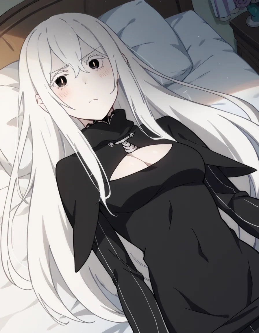 score_9, score_8_up, score_7_up, source_anime, <lora:rezero-echidna-s2-ponyxl-lora-nochekaiser:1>, echidna, colored eyelashes, white hair, hair between eyes, long hair, straight hair, black eyes, medium breasts,, <lora:open-chest-sweater-ponyxl-lora-nochekaiser:1>, open-chest sweater, ribbed sweater, cleavage cutout, meme attire, clothing cutout, turtleneck, sweater dress, cleavage, clothes tug, sweater pull, cleavage reach,, indoors, bed, bed room, blush, on bed, on back, , cowboy shot, dutch angle