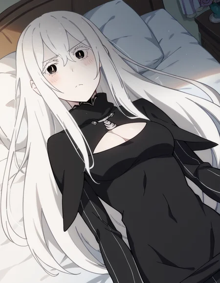 score_9, score_8_up, score_7_up, source_anime, <lora:rezero-echidna-s2-ponyxl-lora-nochekaiser:1>, echidna, colored eyelashes, white hair, hair between eyes, long hair, straight hair, black eyes, medium breasts,, <lora:open-chest-sweater-ponyxl-lora-nochekaiser:1>, open-chest sweater, ribbed sweater, cleavage cutout, meme attire, clothing cutout, turtleneck, sweater dress, cleavage, clothes tug, sweater pull, cleavage reach,, indoors, bed, bed room, blush, on bed, on back, , cowboy shot, dutch angle
