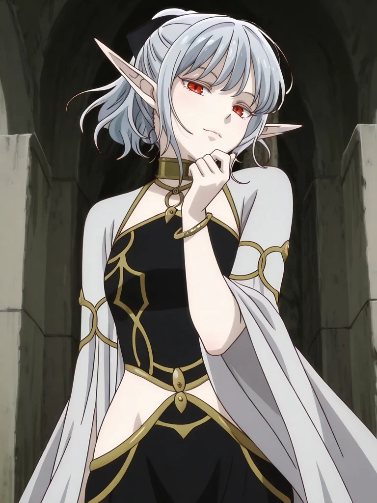 32k, Super-Resolution, <lora:illustrious_quality_modifiers_masterpieces_v1:1> masterpiece, (very aesthetic:1.2), absurdres, Digital Art, lazypos, body blush, 16-bit RGB, Artwork,(detailed:1.3) , <lora:StS-Illustrious-Detail-Slider-v1.0:4>, (dynamic pose:1.2),(mature female:1.2),cowboy shot, <lora:anime_screencap:1> anime screencap, anime coloring,
BREAK, looking at viewer, light smile,black bow, hair bow,
BREAK, <lora:atou_r1:1>,atou, long pointy ears,short hair, silver hair, bangs, red eyes,elf, anime screenshot, pale skin, short ponytail,small breasts,atouDress, black bow, hair bow, gold choker, cleavage, white long sleeves,white cape, black dress,sleeveless dress, hip vent, groin, jewelry, bracelet, (seductive pose:1.4)